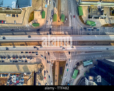 WARSAW, POLAND - FEBRUARY 23, 2019: Beautiful panoramic aerial drone view to the center of Warsaw City, to the central streets of the Polish Capital, Stock Photo