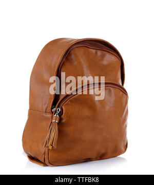 Brown leather backpack isolated on white Stock Photo