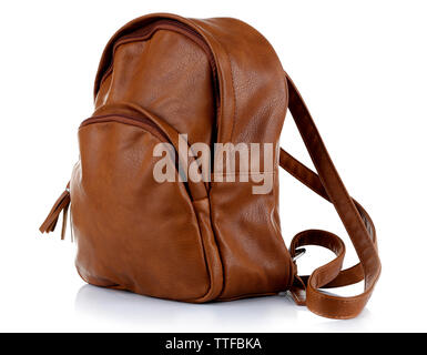 Brown leather backpack isolated on white Stock Photo