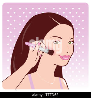 Illustration of a beautiful young woman putting blush on her cheeks. Stock Photo
