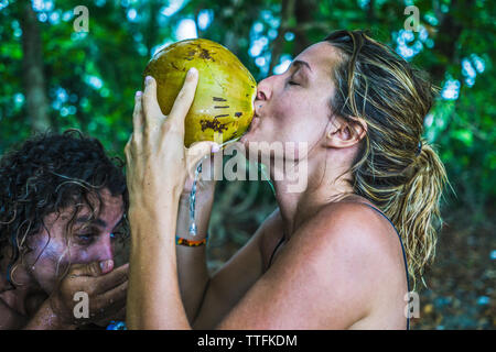 Side view of couple drinking from fresh coconut in forest Stock Photo