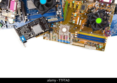 Computer motherboards with fans, isolated on white Stock Photo