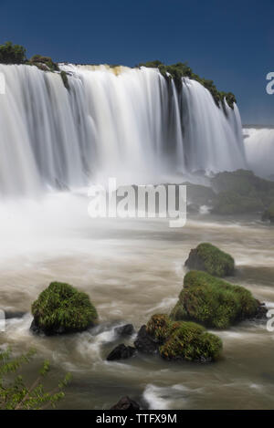 Beautiful landscape of big waterfall set on green atlantic rainforest