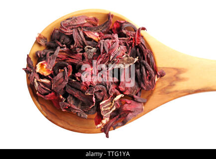 Hibiscus dry tea in wooden spoon, isolated on white Stock Photo