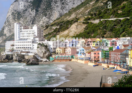 Catalan Bay on the east shore of Gibraltar with the prominent Caleta Hotel built around a rock Stock Photo