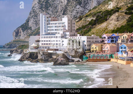 Catalan Bay on the east shore of Gibraltar with the prominent Caleta Hotel built around a rock Stock Photo