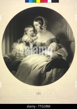 Victoria, Queen of Great Britain together with her both oldest children Victoria, Princess Royal of Great Britain and the future Eduard VII, King of Great Britain. mezzotint / mixed technique by Samuel cousins based on a painting by Edwin Henry Landseer. coat of arms, Additional-Rights-Clearance-Info-Not-Available Stock Photo