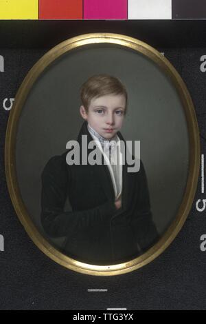 Emperor Franz Joseph I as twelve-year-old boy, picture of the later emperor as Archduke at his 12th birthday. half-length portrait in the black jacket over light waistcoat, blue-and-whites necklet, gold buttons miniature (watercolour, Gummiarabicum on ivory) von Robert the, in glazed Bronzerahmen on the reverse superscribe: 'Erzherzog Franz Josef. 1842 18. August. Robert Theer', Additional-Rights-Clearance-Info-Not-Available Stock Photo