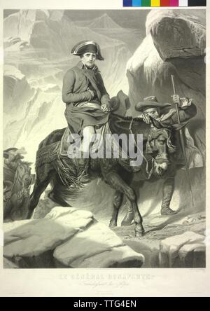 Napoleon I Bonaparte, Emperor of the French crossing the Alps, equestrian image. copper engraving / etching by Alphonse François based on a painting by Paul Delaroche, Additional-Rights-Clearance-Info-Not-Available Stock Photo