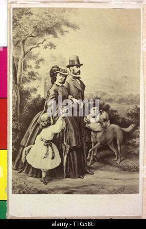 Franz Joseph I, Emperor of Austria with family, family image: Franz Joseph with empress Elisabeth and her children archduchess Gisela and crown prince Rudolf. photo reproduction based on graphic by Emil von Hartitzsch, Additional-Rights-Clearance-Info-Not-Available Stock Photo