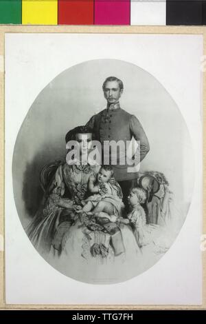 Franz Joseph I, Emperor of Austria with family, family image: Elisabeth and Franz Joseph in the crusade uniform of an Imperial and Royal field marshal in German adjustment with the children crown prince Rudolf and with his sister archduchess Gisela. photo reproduction based on a graphic by Eduard Kaiser, Additional-Rights-Clearance-Info-Not-Available Stock Photo
