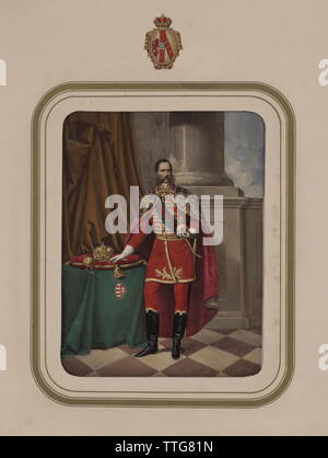 Franz Joseph I, Emperor of Austria, picture in Hungarian coronation robes (fantasy combination Hungarian national costume with coronation cloak), photographic by August Mansfeld based on painting. : in: Buelch, Agosto. Szerett Urunk Fejedelmuenk Isoe. Ferenc Josefnek Magyarorszag Kiralyaya E flat Felseges Asszonyunk Erzsebetnek A Magyar Nemzet Oerangyalanak Magyarorszag Kiralynejava. (The coronation in Hungary 1867), 1867, Additional-Rights-Clearance-Info-Not-Available Stock Photo