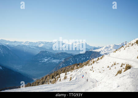 Skiers on a run in the snow covered mountains Stock Photo