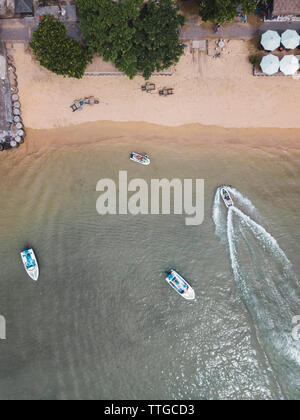 Aerial view of Sanur beach, jet skiing Stock Photo