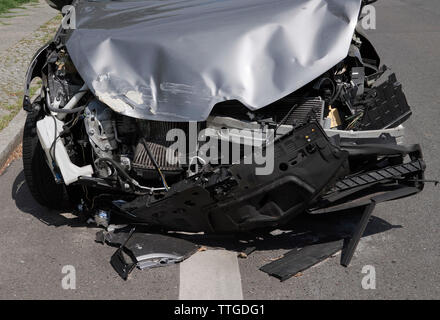 Silver Renault Clio, rear-end accident in Berlin Stock Photo