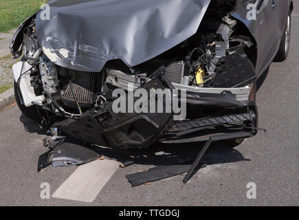 Silver Renault Clio, rear-end accident in Berlin Stock Photo