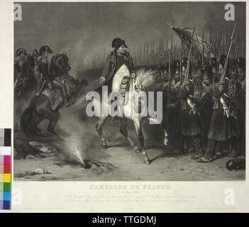 Napoleon I Bonaparte, Emperor of the French, scene from the battle of Arcis-sur Aube (20th / 21.3.1814): Napoleon I Bonaparte, Emperor of the the French, on horse in front of the old guards. next to him a exploding shell without damages. aquatint / mixed technique by Jean Pierre Marie Jazet based on a painting by François Emile de Lansac, Additional-Rights-Clearance-Info-Not-Available Stock Photo