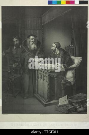 Johann Calvi and Guillaume Farel, lithograph by Edouard Fregevise based on a painting by Joseph Hornung. China, Additional-Rights-Clearance-Info-Not-Available Stock Photo