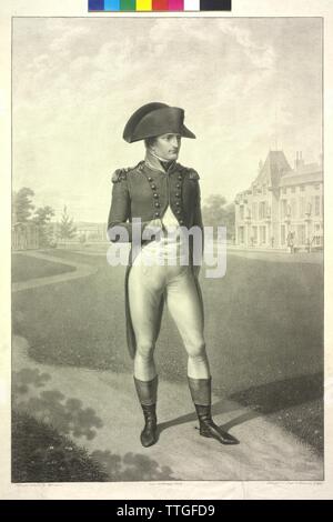 Napoleon I Bonaparte, Emperor of the French in the garden of the Malmaison Castle, stipple engraving / etching by Charles Louis Lingee and Jean Godefroy based on a drawing by Jean Baptiste Isabey, Additional-Rights-Clearance-Info-Not-Available Stock Photo
