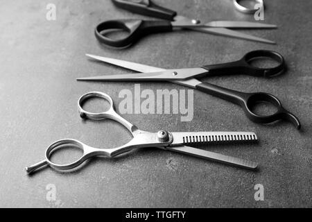 Metal Cutting Scissors on gray background. Close-up Stock Photo - Alamy