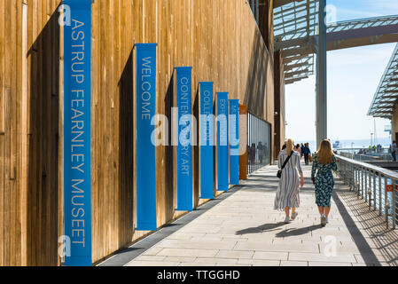 Oslo Norway, rear view of two young women approaching the Astrup Fearnley Museet building - an art gallery in Oslo city designed by Renzo Piano. Stock Photo