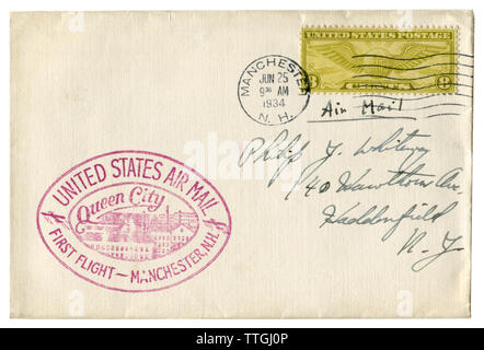 Manchester, New Hampshire, The USA  - 25 June 1934: US historical envelope: cover with cachet first flight to Queen city, Air mail,  eight cents stamp Stock Photo