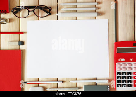 Flat lay of stationery on wooden background, copy space Stock Photo