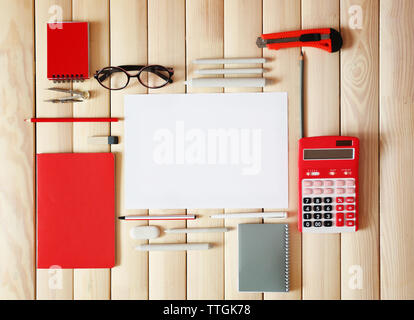 Flat lay of stationery on wooden background, copy space Stock Photo