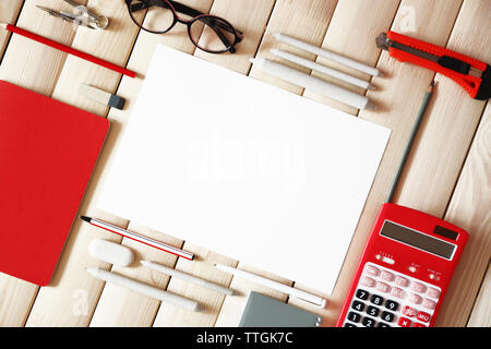 Flat lay of stationery on wooden background, copy space Stock Photo