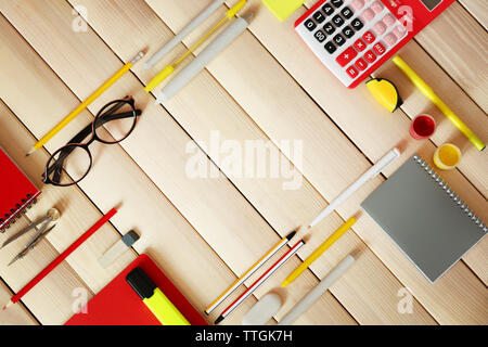Flat lay of stationery on wooden background, copy space Stock Photo