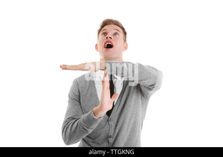 Young handsome man shows timeout, isolated on white Stock Photo