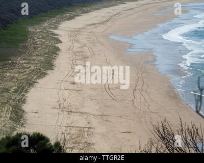 Four wheel drive footprints on a sandy beach Stock Photo