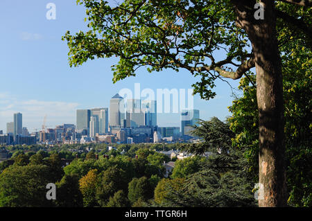 London skyline from Greenwich Park, South East London, England, looking north towards Canary Wharf Stock Photo