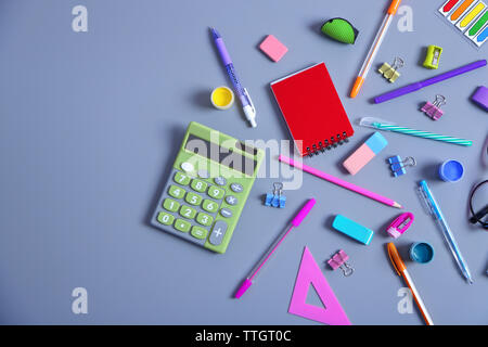 Set of stationery on grey table, top view Stock Photo