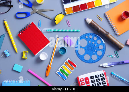 Set of stationery on grey table, top view Stock Photo