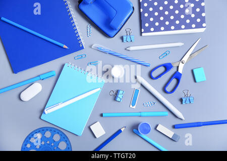 Set of stationery on grey table, top view Stock Photo