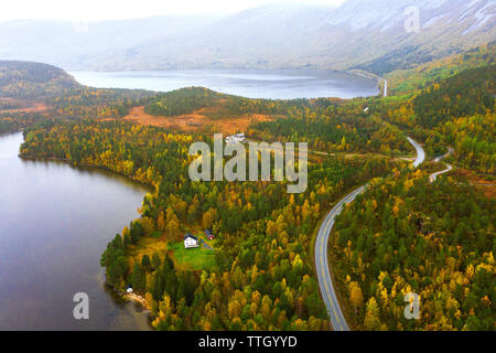 Aerial panoramic of European Route and fjord in autumn, Norway Stock Photo