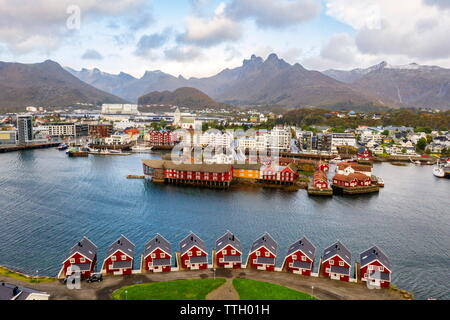 Iconic red cabins in the fishing village of Svolvaer, Norway Stock Photo