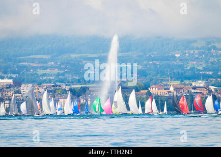 Sailing boat during Bol d’or the biggest regatta on Lake leman Geneva Stock Photo