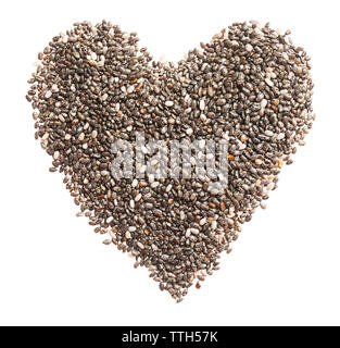 Pile of chia seeds in a heart shape isolated on white background Stock Photo