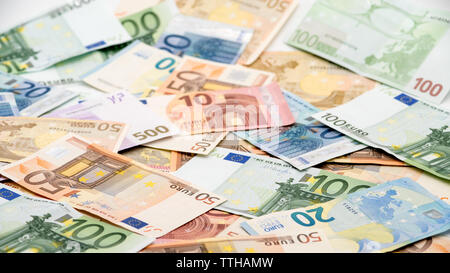Euros bills of different values. Euro bill of twenty, fifty, one, two, five hundred. Cash banknotes money background. Good earnings. Issuing salary Stock Photo