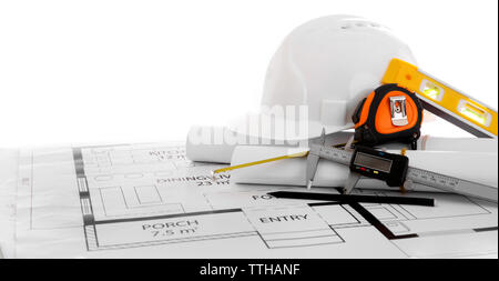 Project drawings and white helmet isolated on white Stock Photo