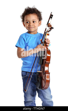 Little boy playing violin, isolated on white Stock Photo