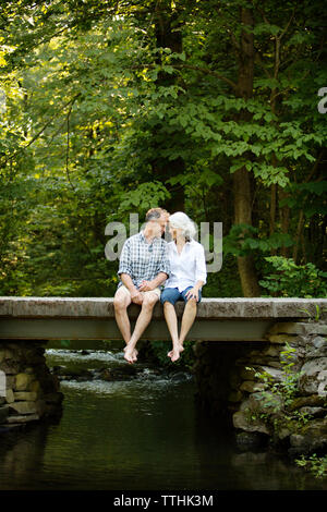 Romantic senior couple sitting on footbridge over stream in forest Stock Photo