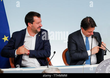 Italy, Rome, June 11, 2019 : Italian Minister of Interior and Deputy Prime Minister Matteo Salvini, Italian Prime Minister Giuseppe Conte during a pre Stock Photo