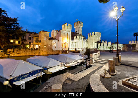 Evening at the Scaligero castle in Sirmione. Lake Garda, Brescia province, Lombardy, Italy, Europe. Stock Photo