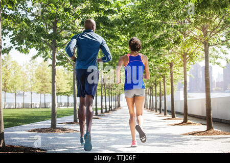 Rear view of couple jogging on promenade by field Stock Photo
