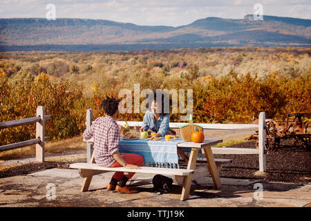 Cheerful couple at picnic table on sunny day Stock Photo