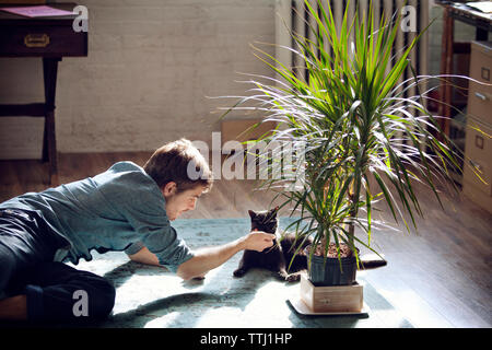 Man playing with cat while lying on floor at home Stock Photo