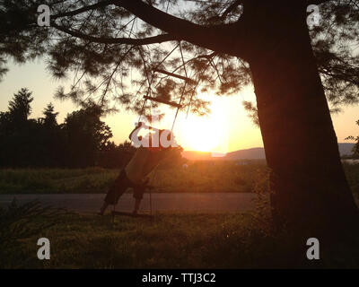 Rear view of boy climbing rope ladder at field during sunset Stock Photo